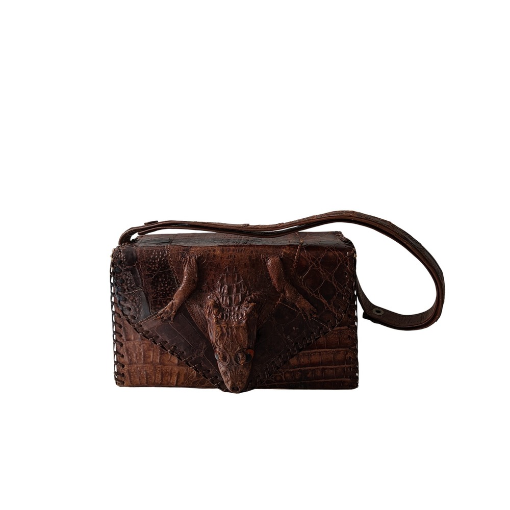 Vintage Genuine Alligator Head Taxidermy Handbag Brown Exotic Skin Box Purse